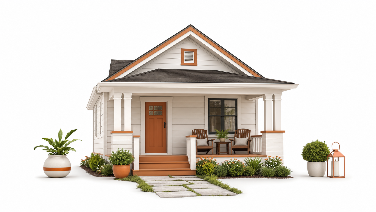 Small single-story bungalow with a gable roof and a covered porch with two chairs.