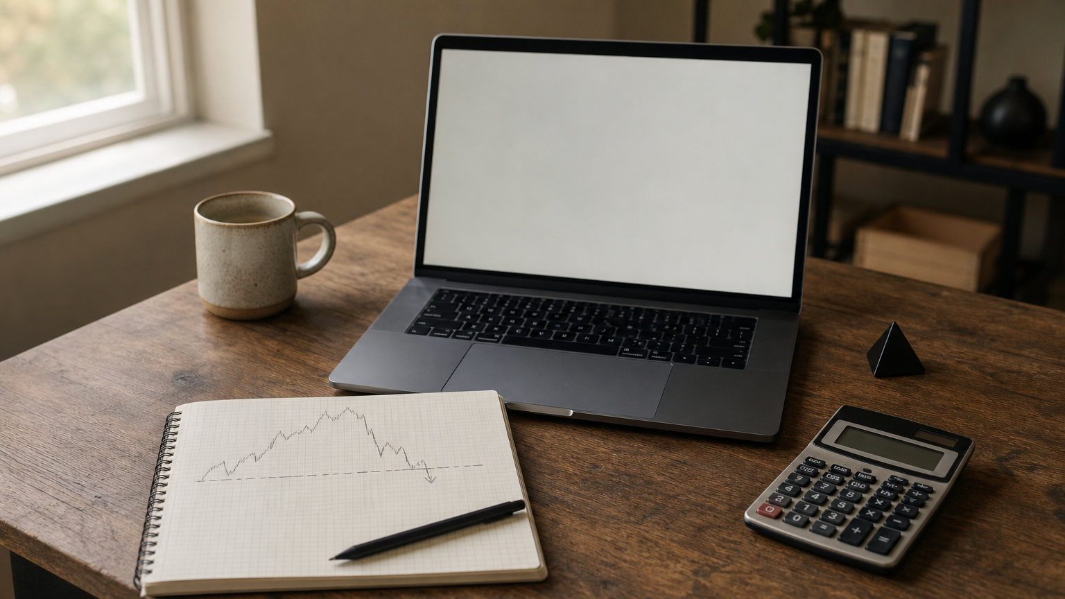 A desk with a laptop, calculator and notepad showing a hand-drawn stop-loss line.