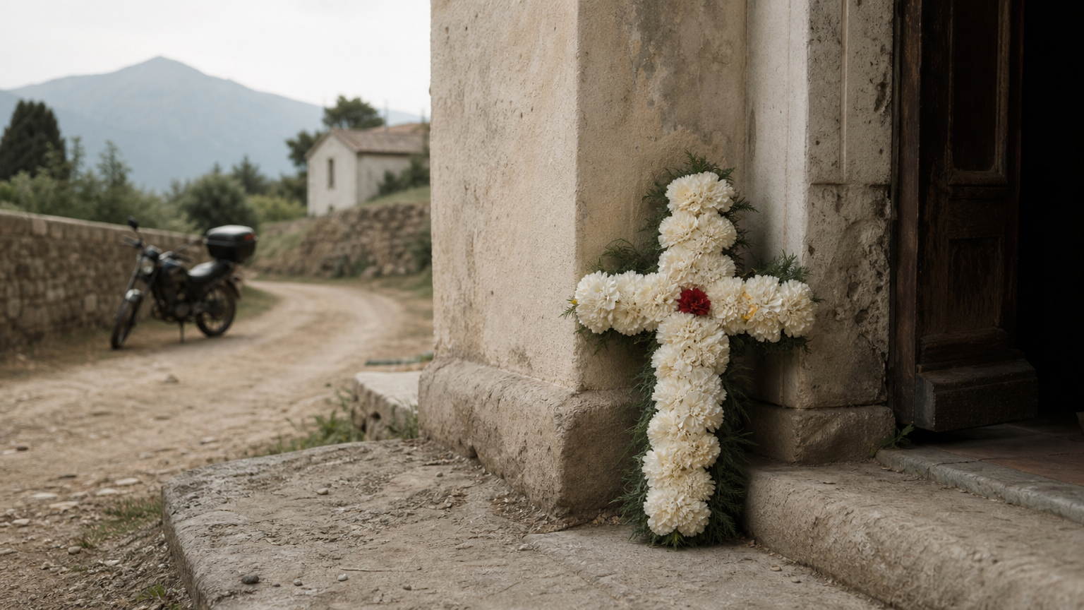 A cross-shaped carnation wreath leaning against a church doorway on a country road.