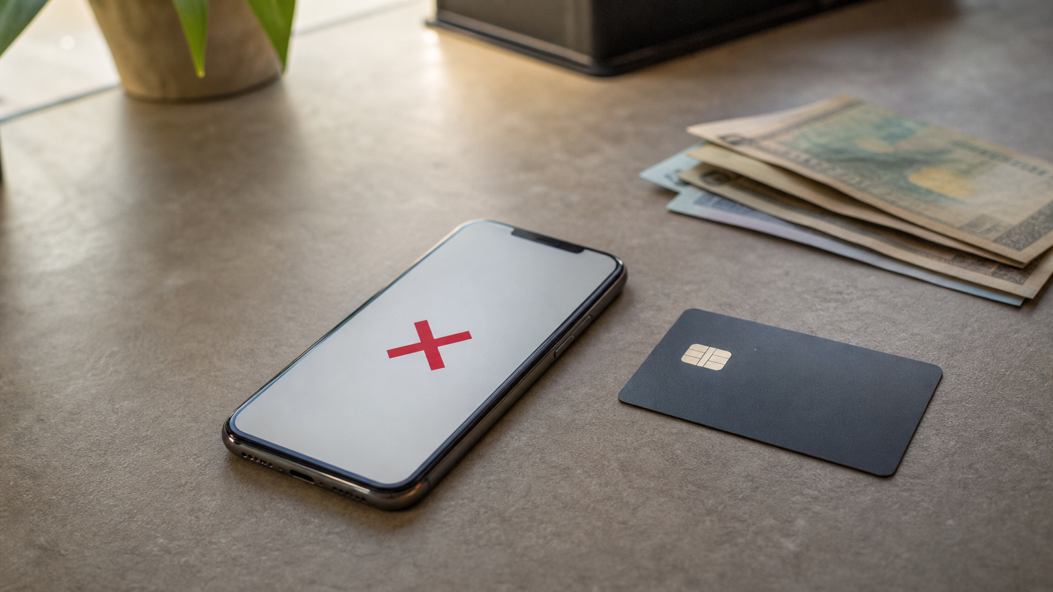 A bank card and smartphone with a red cross on a counter beside banknotes.