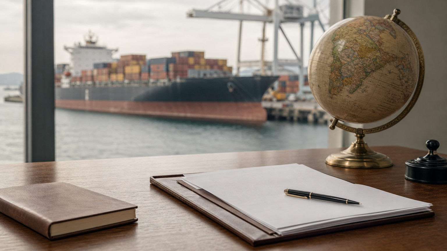A cargo ship at a dock with a desk holding a globe and signed contract.