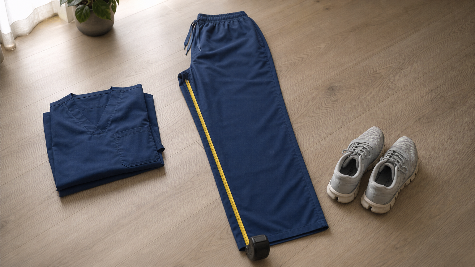 Scrub pants laid flat with a tape measure along the inseam, next to a folded top and sneakers.