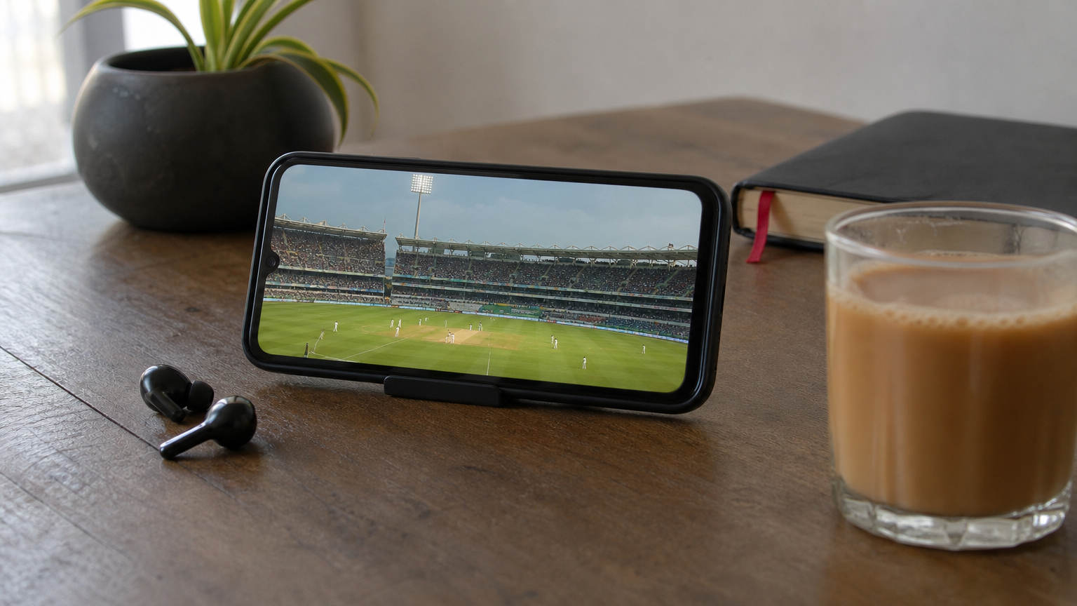 A smartphone showing a cricket stadium stream next to earbuds and a glass of tea.