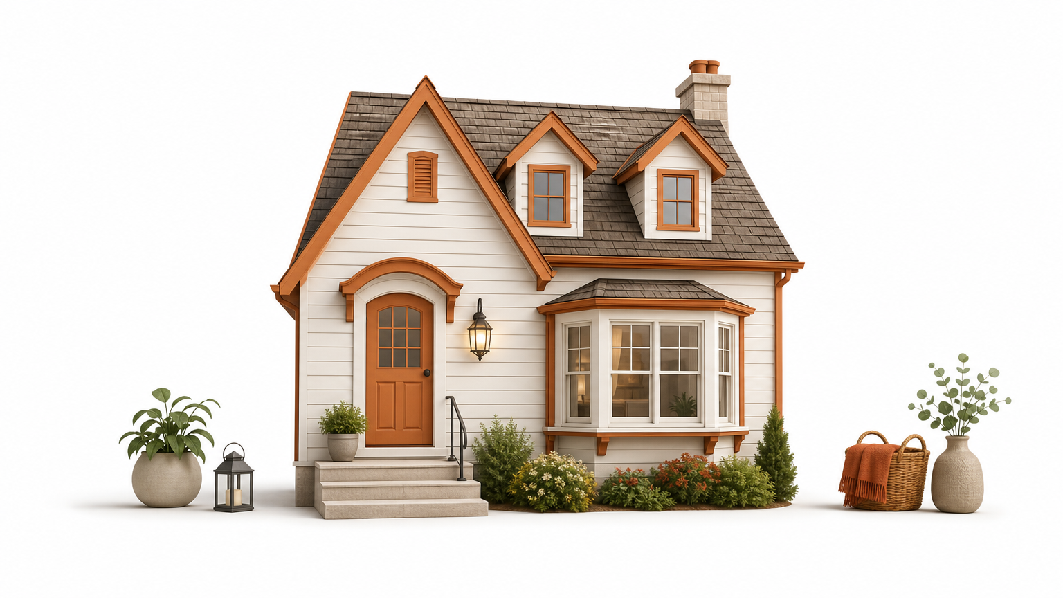 Cottage bungalow with a steep gable roof, dormer windows, and a lantern by the front step.