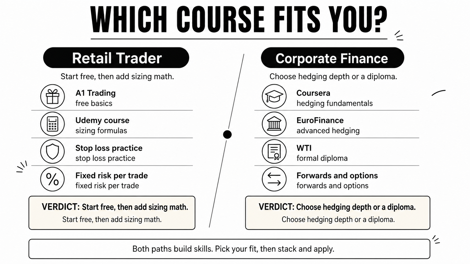 Comparison of the best risk management courses for retail traders versus corporate finance professionals.