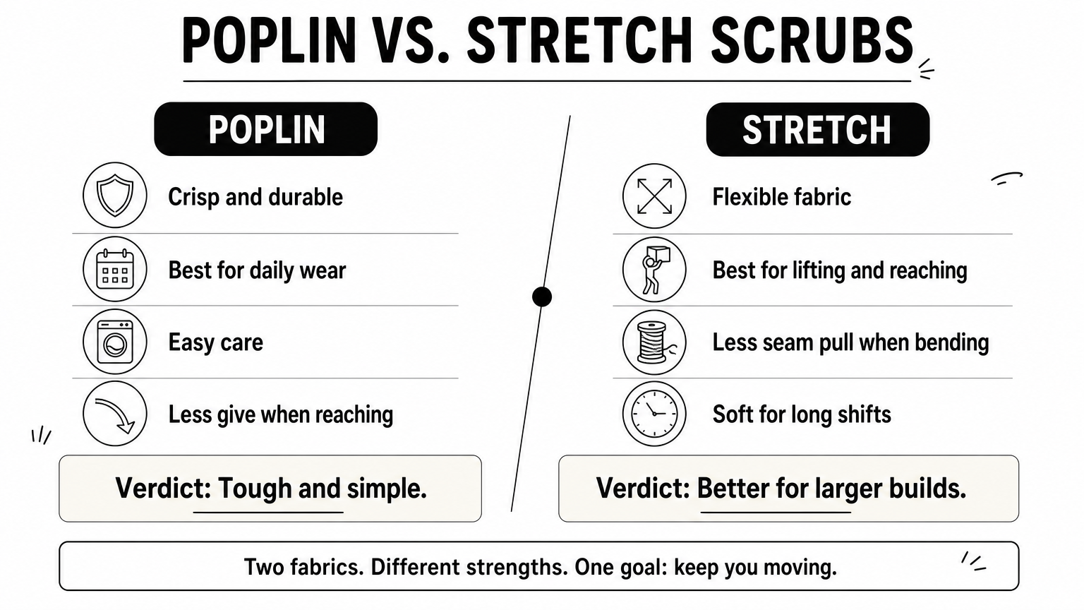 Comparison of poplin and stretch scrub fabrics, listing strengths and a verdict for each.