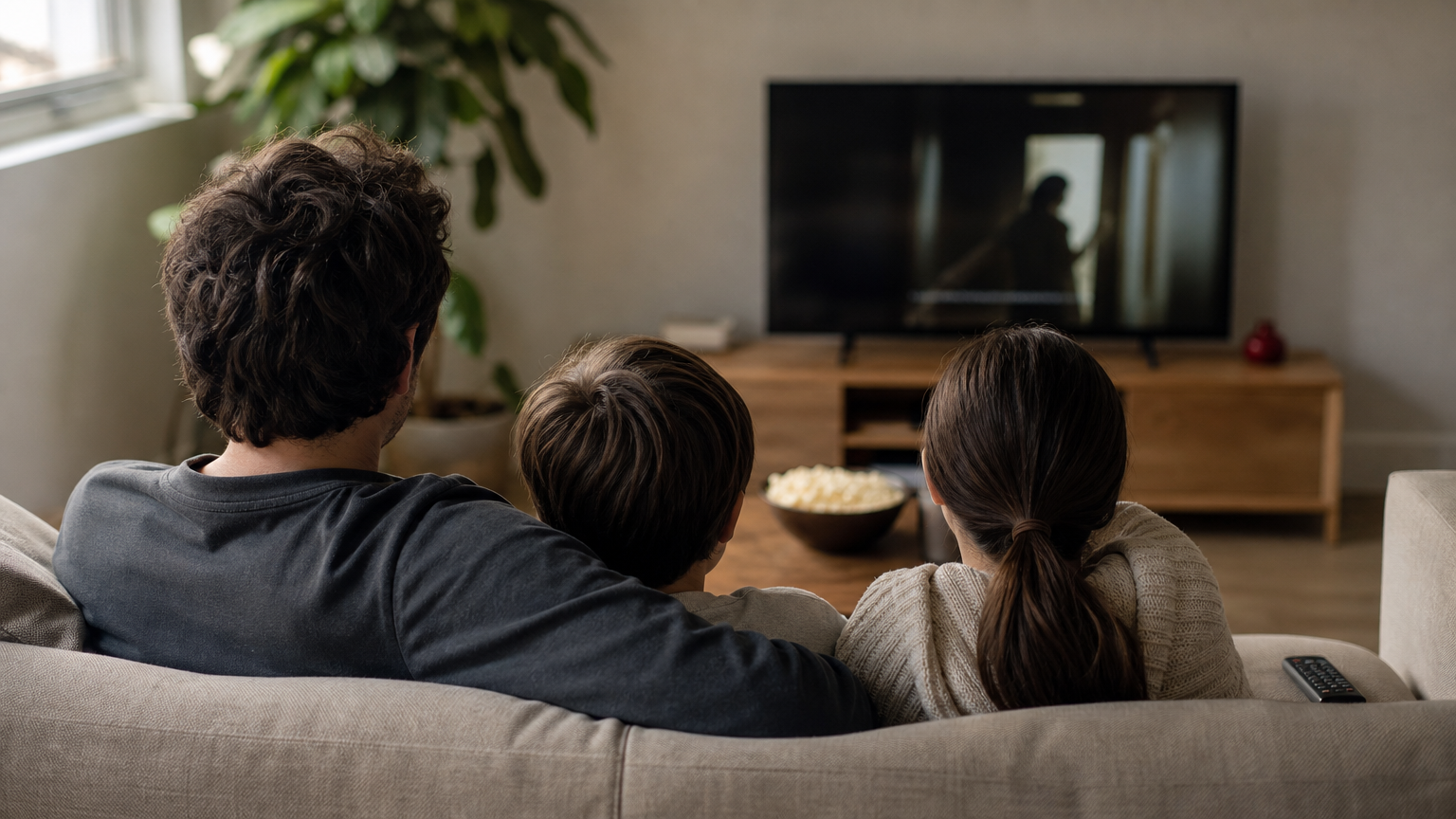 A family on a sofa watching a subtitled film on television with snacks on the table.