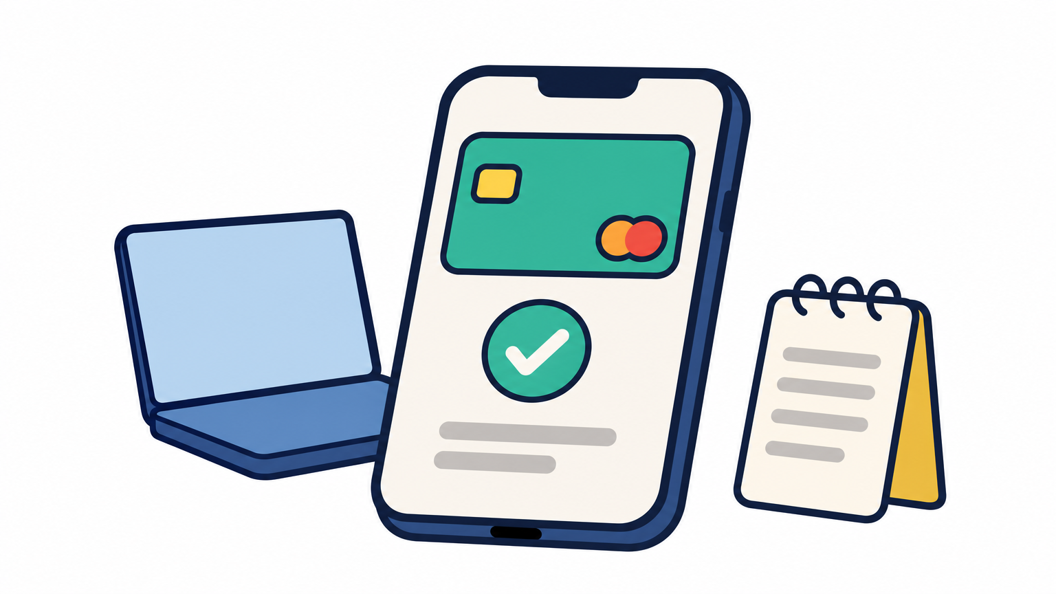 Smartphone with a mobile payment screen beside a laptop and a notepad with a transaction number.