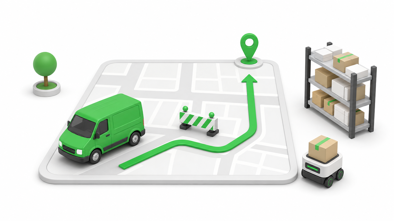 A delivery van rerouting around a roadblock next to a warehouse robot carrying a parcel.