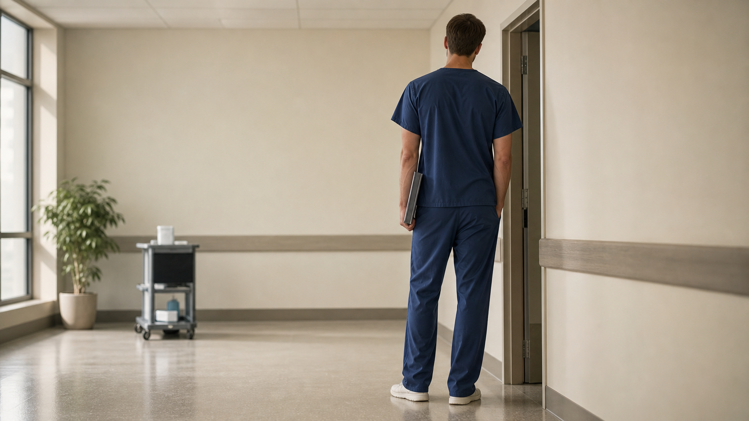 A tall man in scrubs stands in a hospital corridor holding a clipboard, hems reaching his shoes.