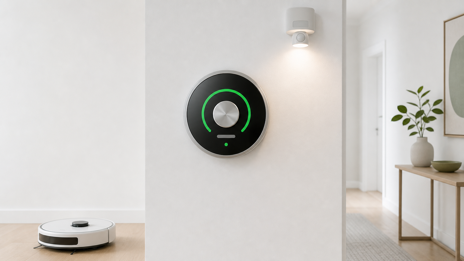 A wall thermostat with a motion-sensor light above and a robot vacuum on the floor.