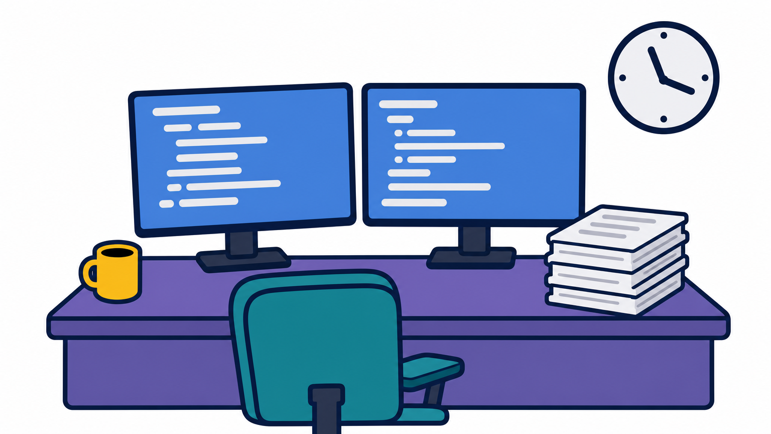 Desk with two code-filled monitors, stacked documents and a wall clock showing late hours.