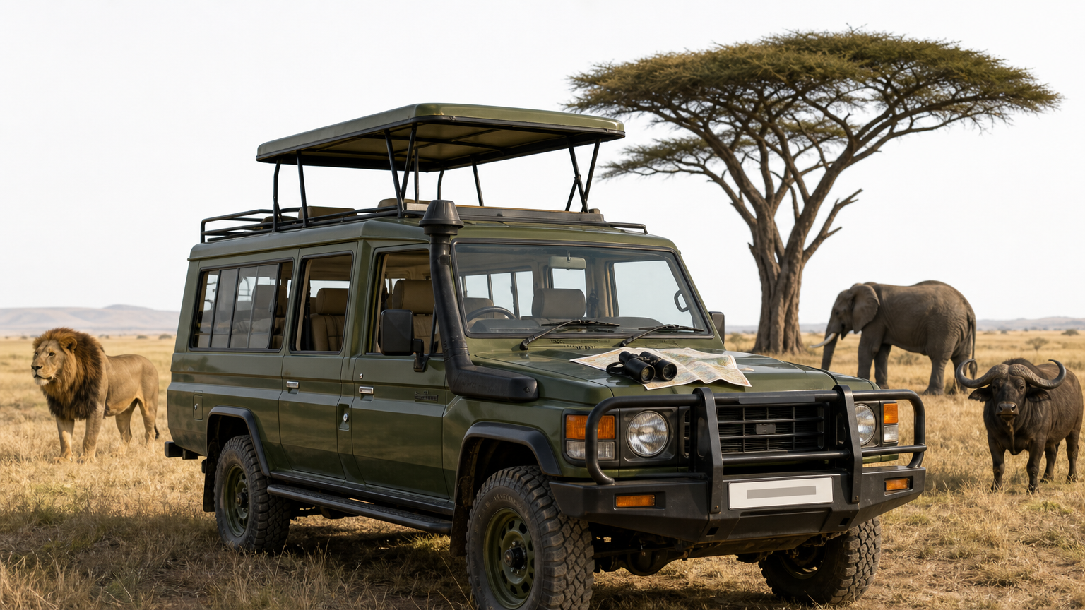 Safari vehicle parked on grassland with binoculars and a map on the hood beside an acacia tree.