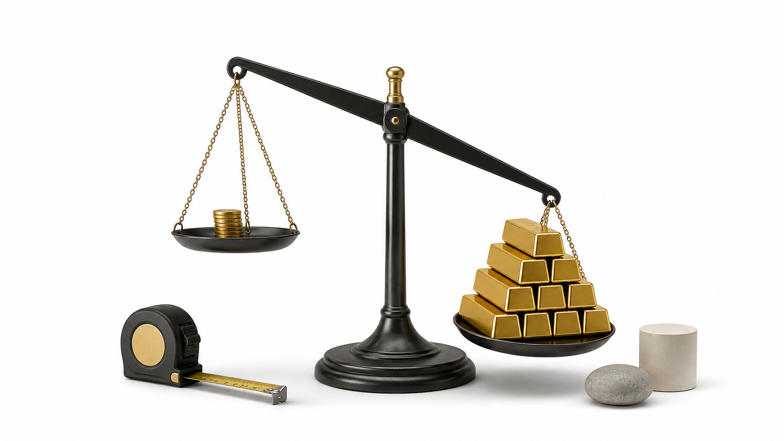 A balance scale tipped by tall gold bars against a small stack of coins.