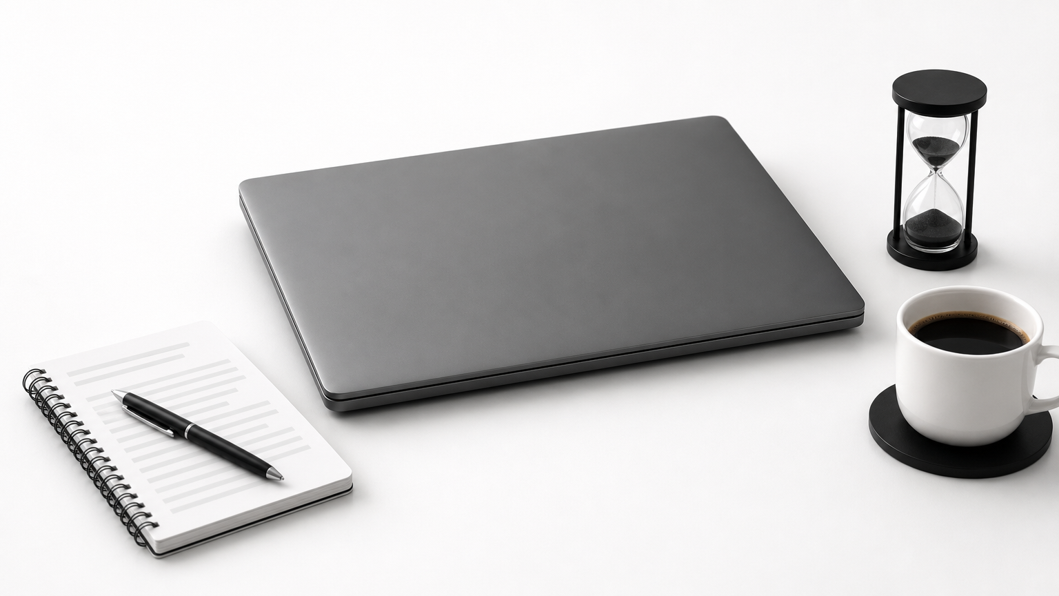 A desk with a closed laptop, notebook, pen, hourglass and coffee cup.