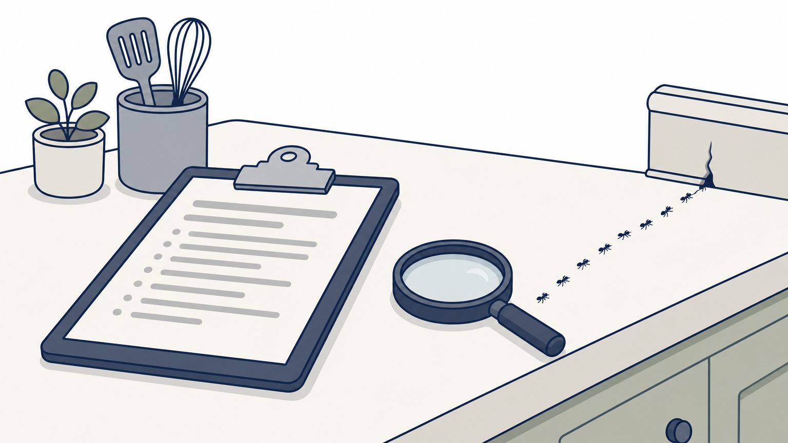 Clipboard and magnifying glass on a kitchen counter with a line of ants heading toward a baseboard crack.