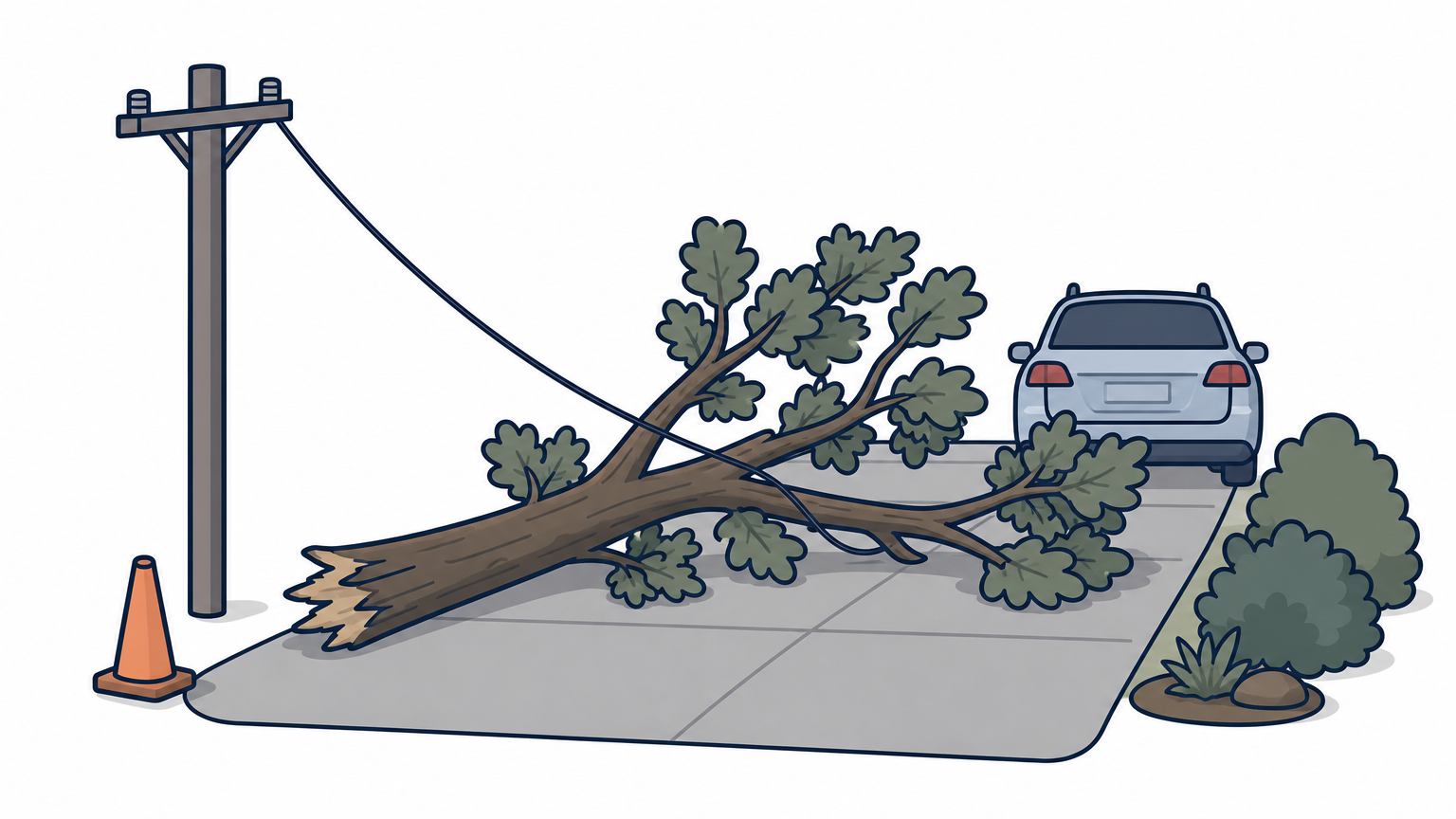 A fallen oak limb across a driveway touching a sagging power line, with a cone and car nearby.