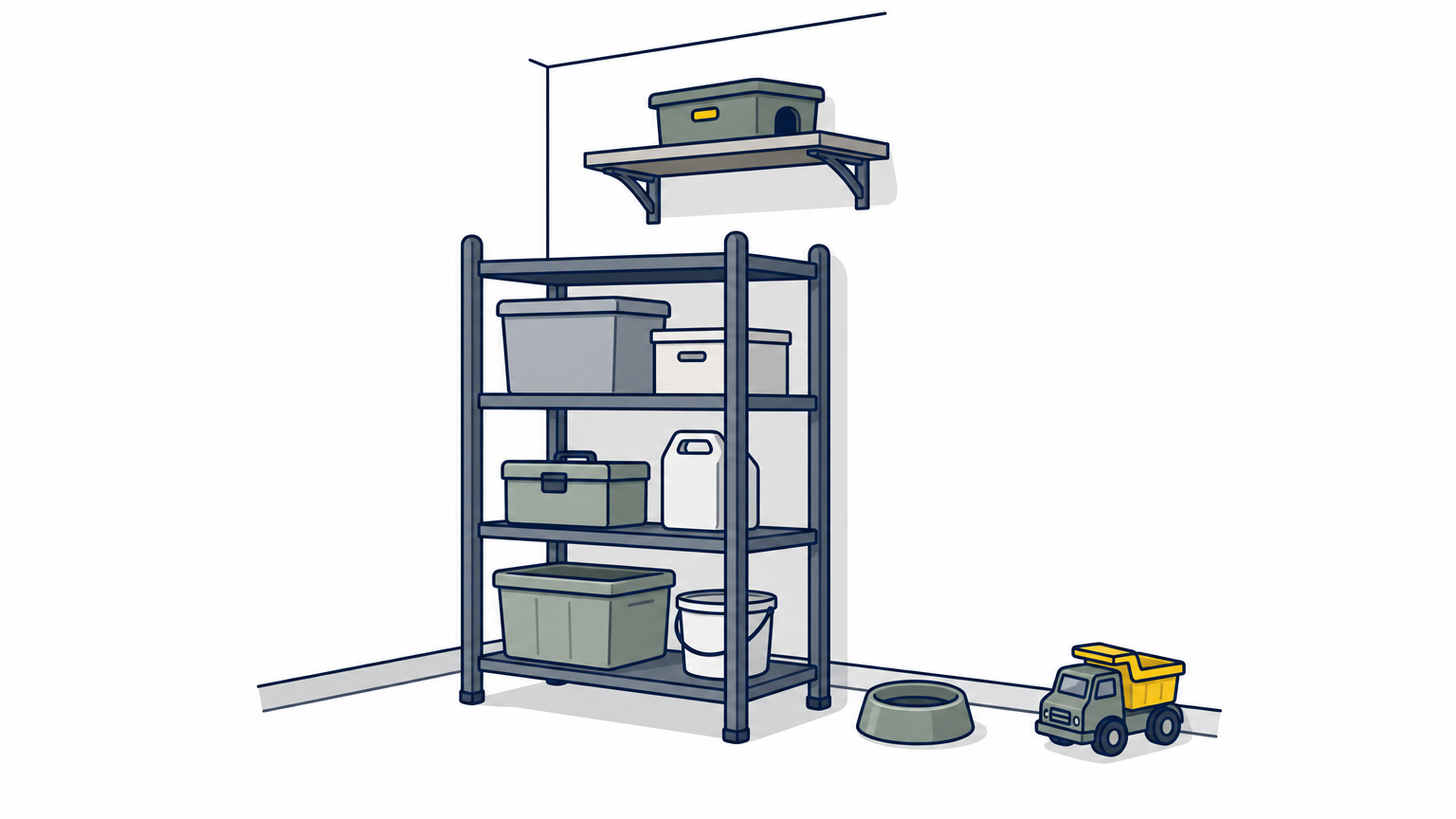 Bait station on a high shelf above a pet bowl and toy on the floor.