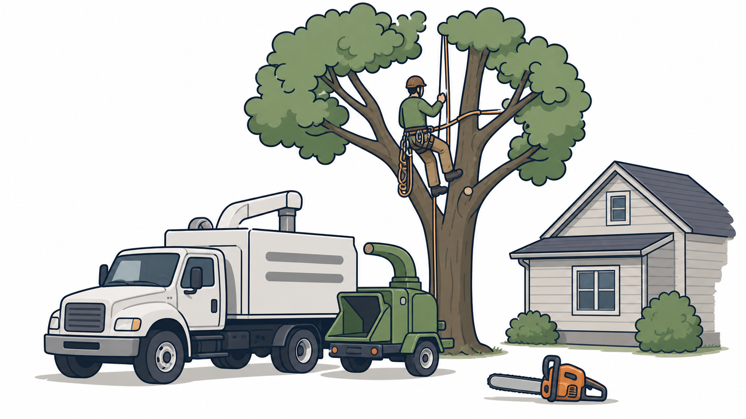 A tree crew with a truck, chipper, and rigging ropes working on a tree beside a house.
