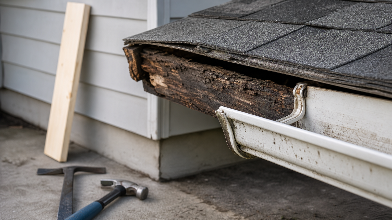 Gutter pulling away from a rotted fascia board with tools and a replacement board nearby.