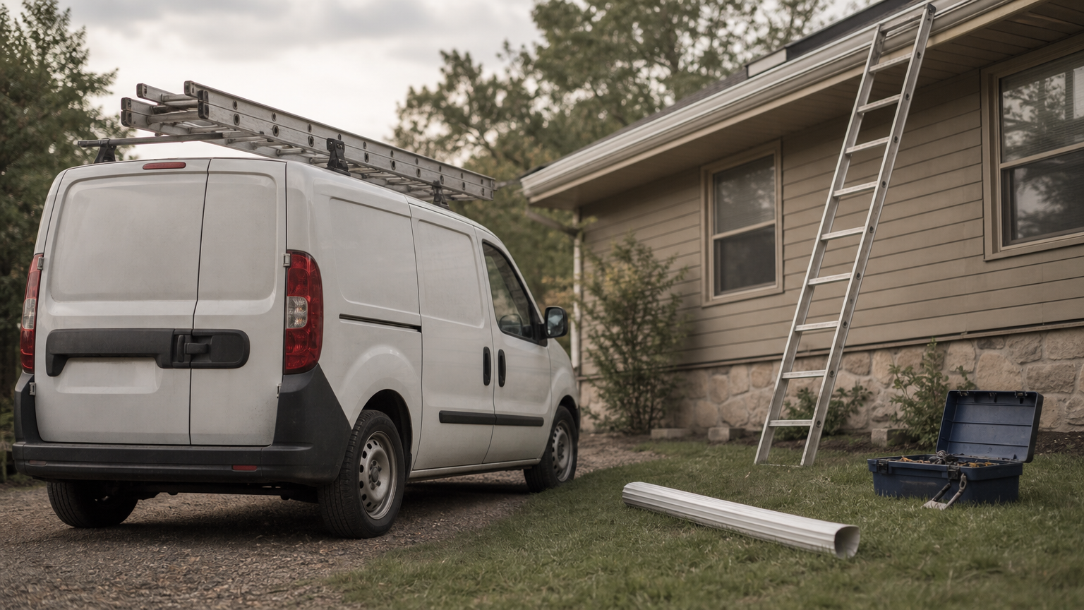Gutter specialist's van and ladder at a house with a loose downspout on the lawn.