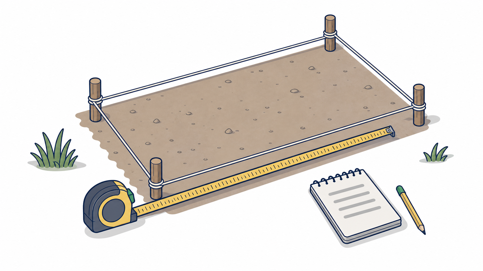 String and stakes outline a rectangular patio area with a tape measure and notepad nearby.
