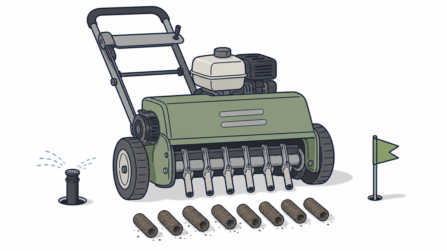 A core aeration machine on turf with soil plugs and a flagged sprinkler head.