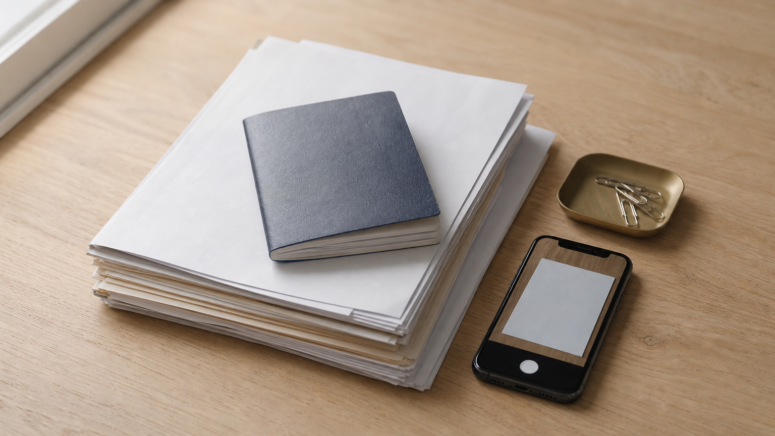 Stack of documents and a passport beside a phone photographing a page on a desk.