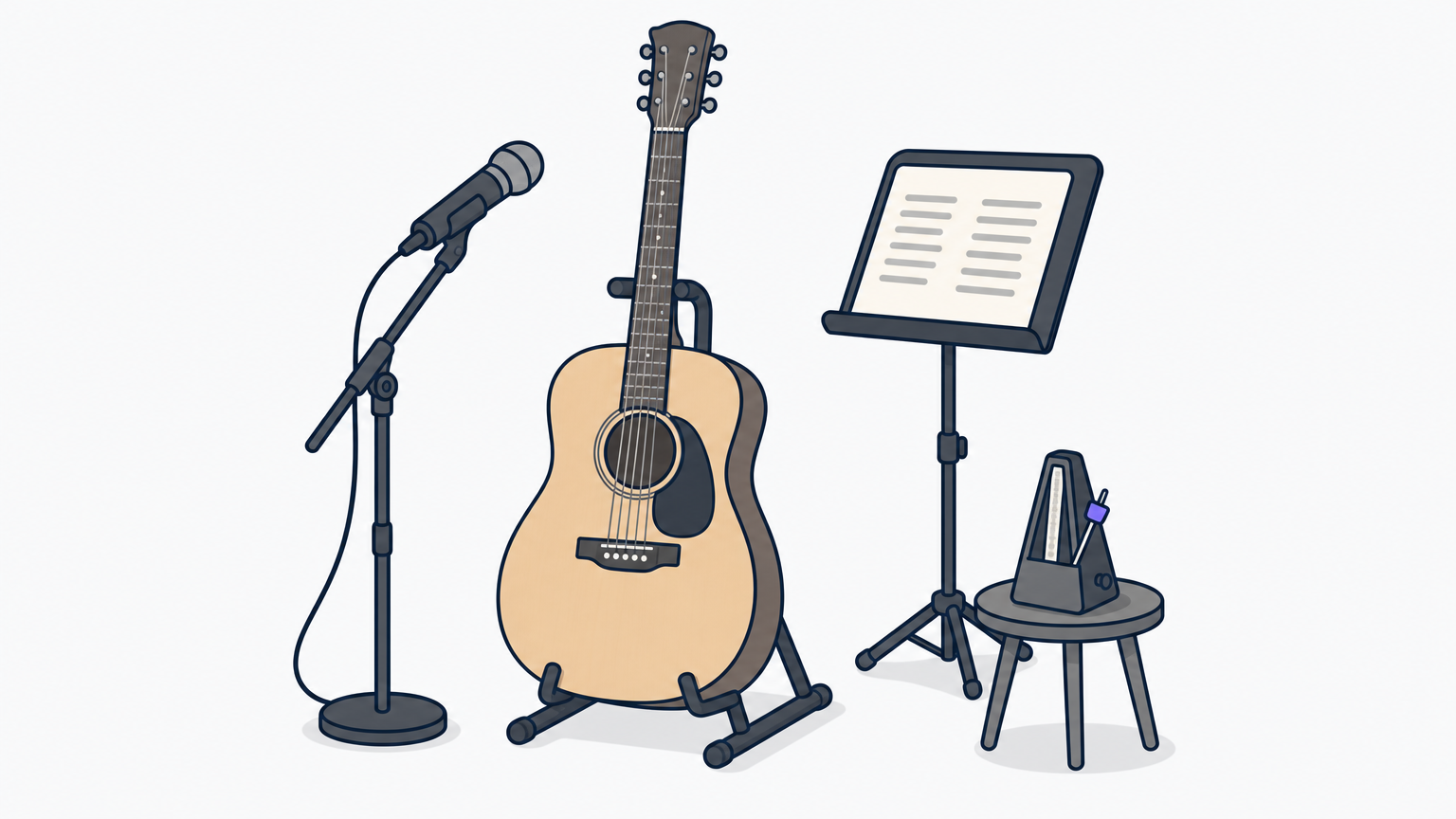 An acoustic guitar on a stand next to a microphone, lyric sheet, and metronome.