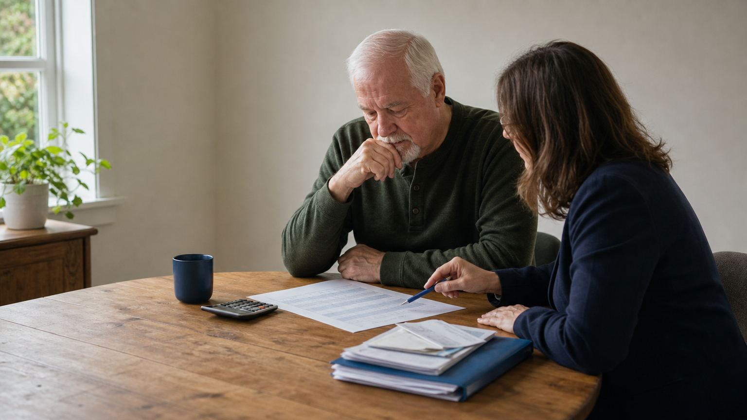 An older man and a counselor review a printed budget at a desk with a calculator.