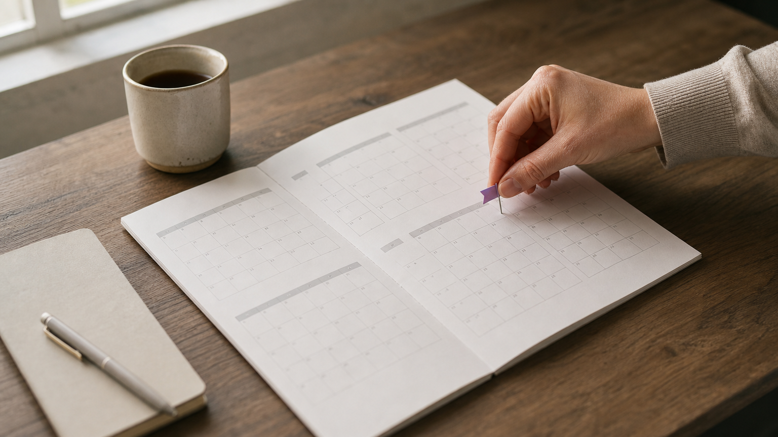 Hand pinning a flag onto a multi-month wall calendar beside a notebook and coffee cup.