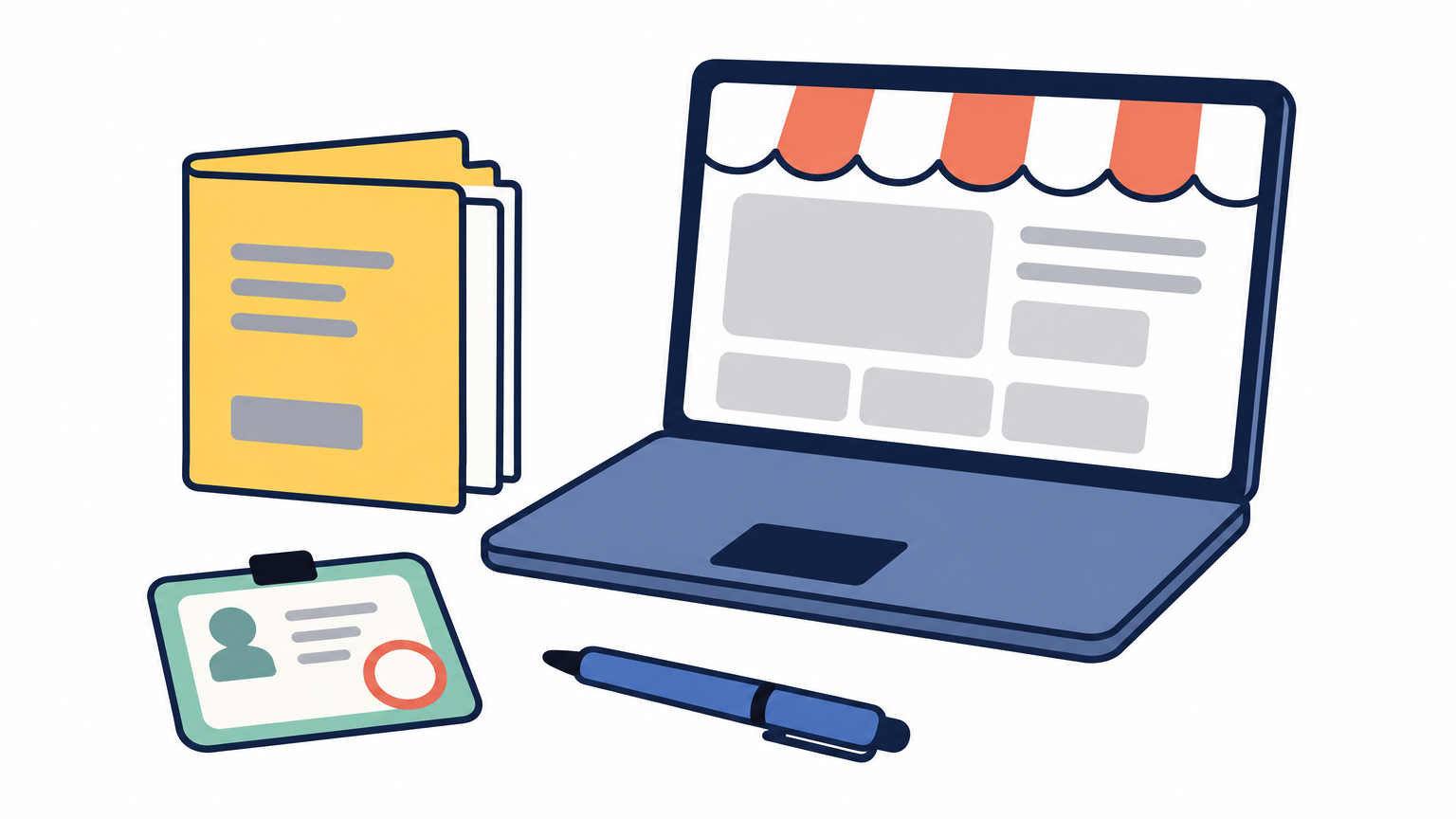 A desk holding a document folder, an ID card, and a laptop with a storefront.