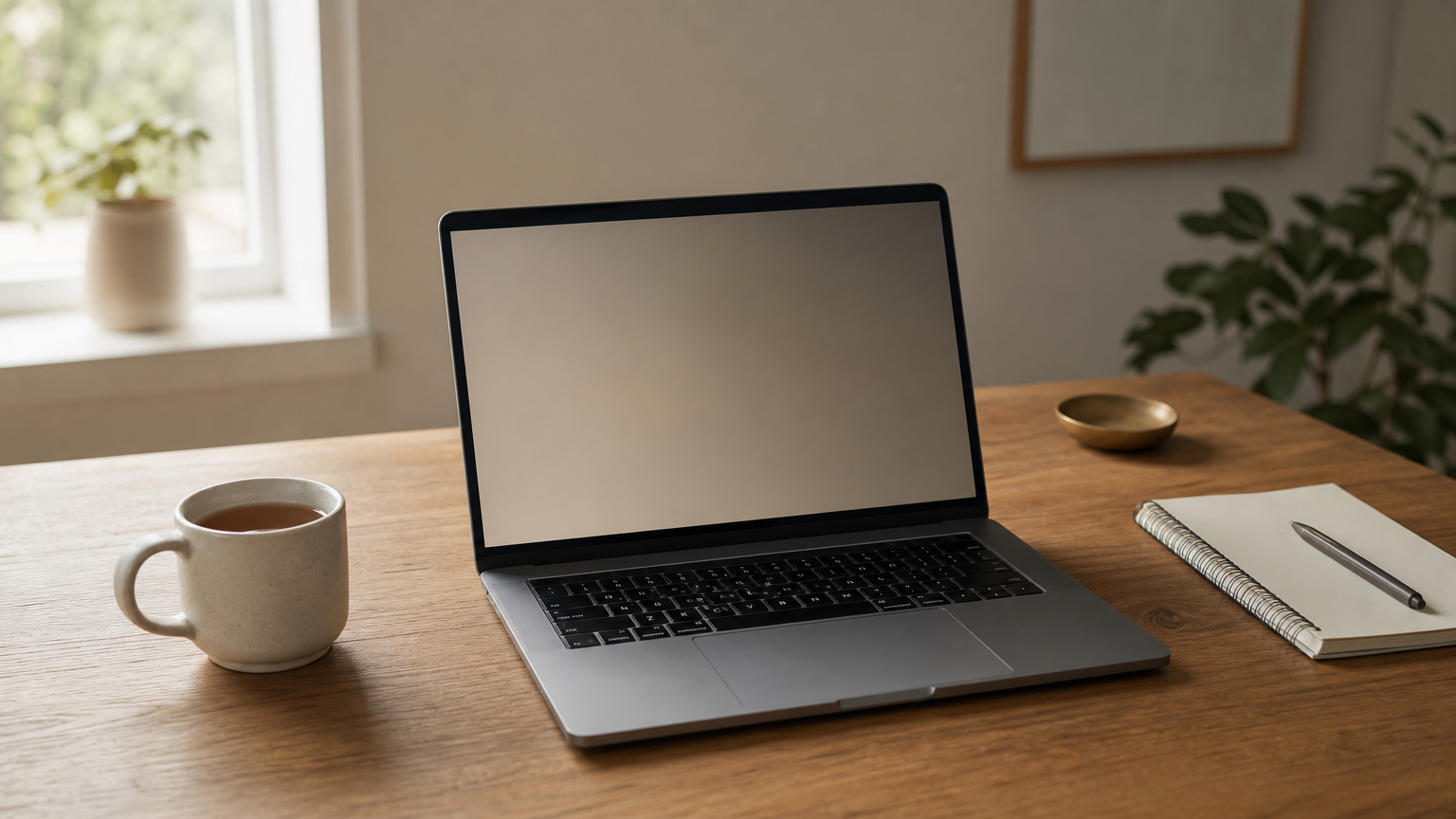 Laptop with a video call open beside a notepad, pen, and mug on a desk.