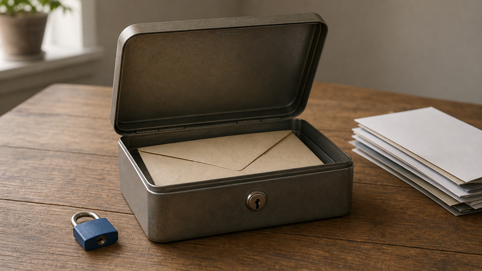 A locked metal box holds a benefits envelope while credit card statements sit outside it.