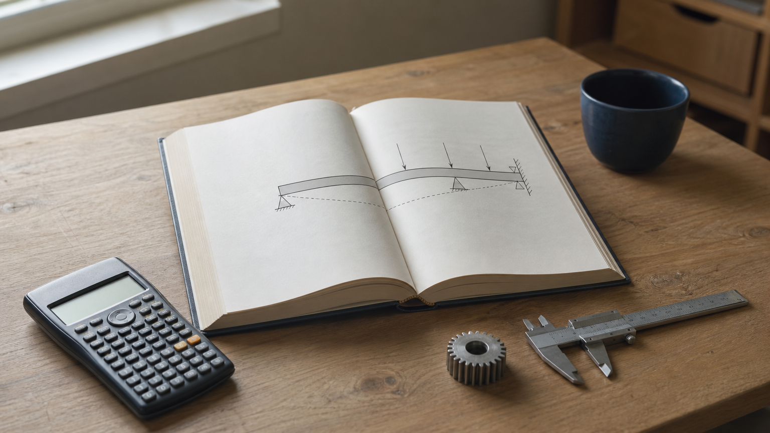 Desk with an open engineering textbook, calculator, gear, and caliper.