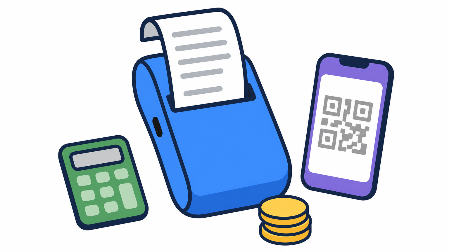 A receipt, calculator, coins, and a phone with a QR code on a counter.