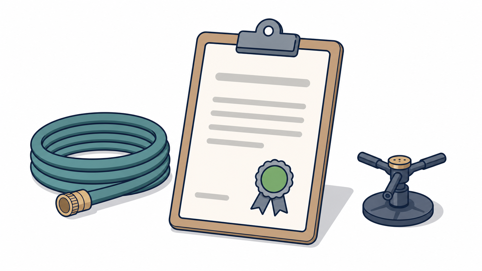 A clipboard with an insurance certificate resting on grass beside a hose and sprinkler head.