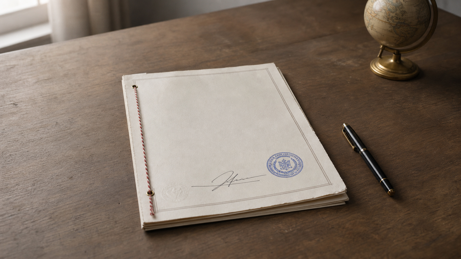 Signed document with a round official stamp next to a pen and a small globe.