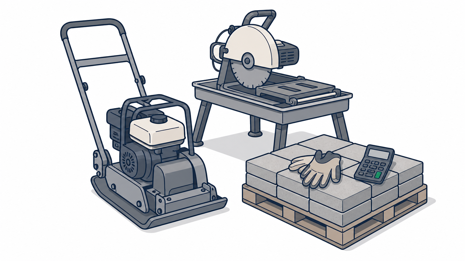 A plate compactor, wet saw, and pallet of pavers with a calculator and work gloves.