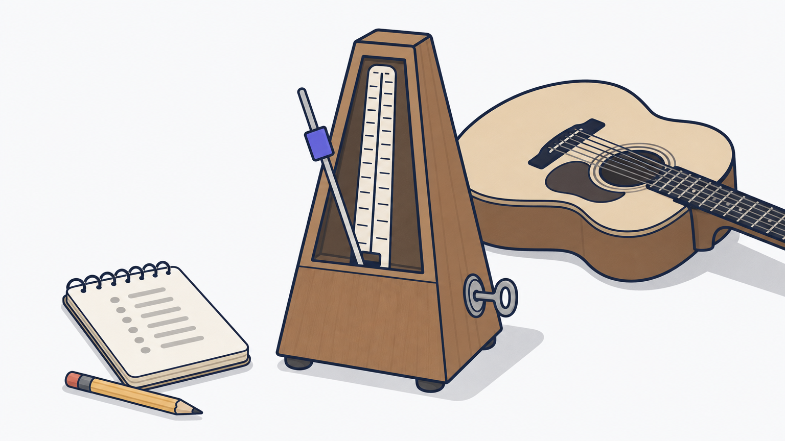 A pyramid metronome beside an acoustic guitar and a notebook with handwritten tempo numbers.