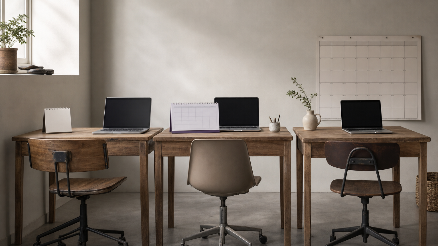 Three desks with laptops, each beside a calendar of a different length.