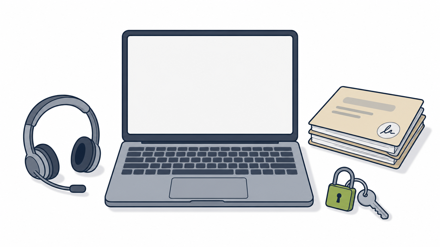 A laptop with a headset, padlock, and folders of paperwork arranged on a desk.