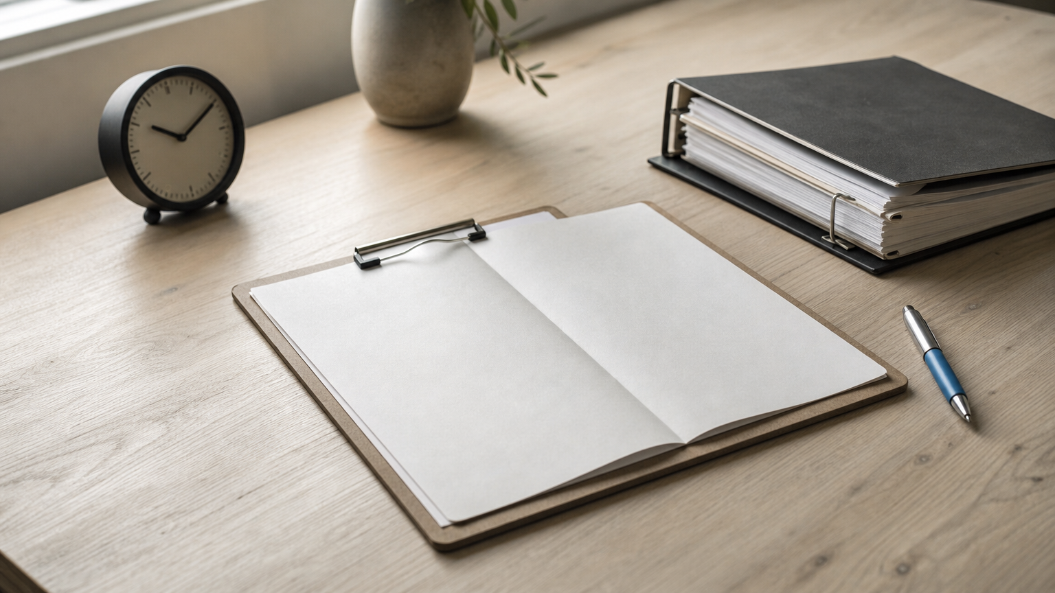A clipboard holding a short form next to a thick plan binder, with a pen and clock.