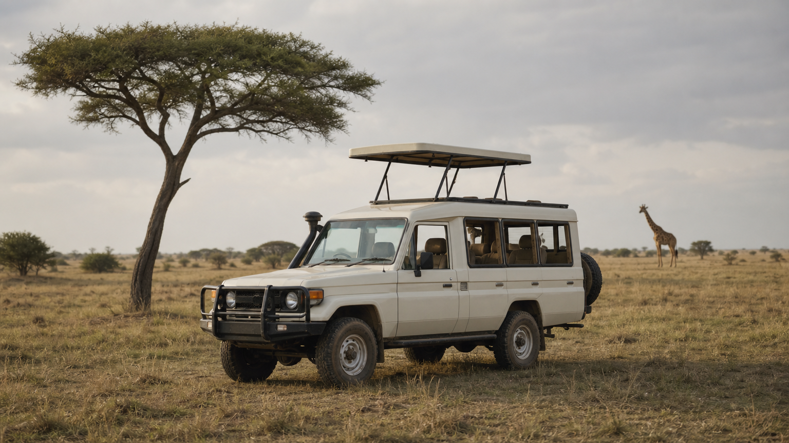 A safari 4x4 with a pop-up roof parked near an acacia tree and a giraffe.