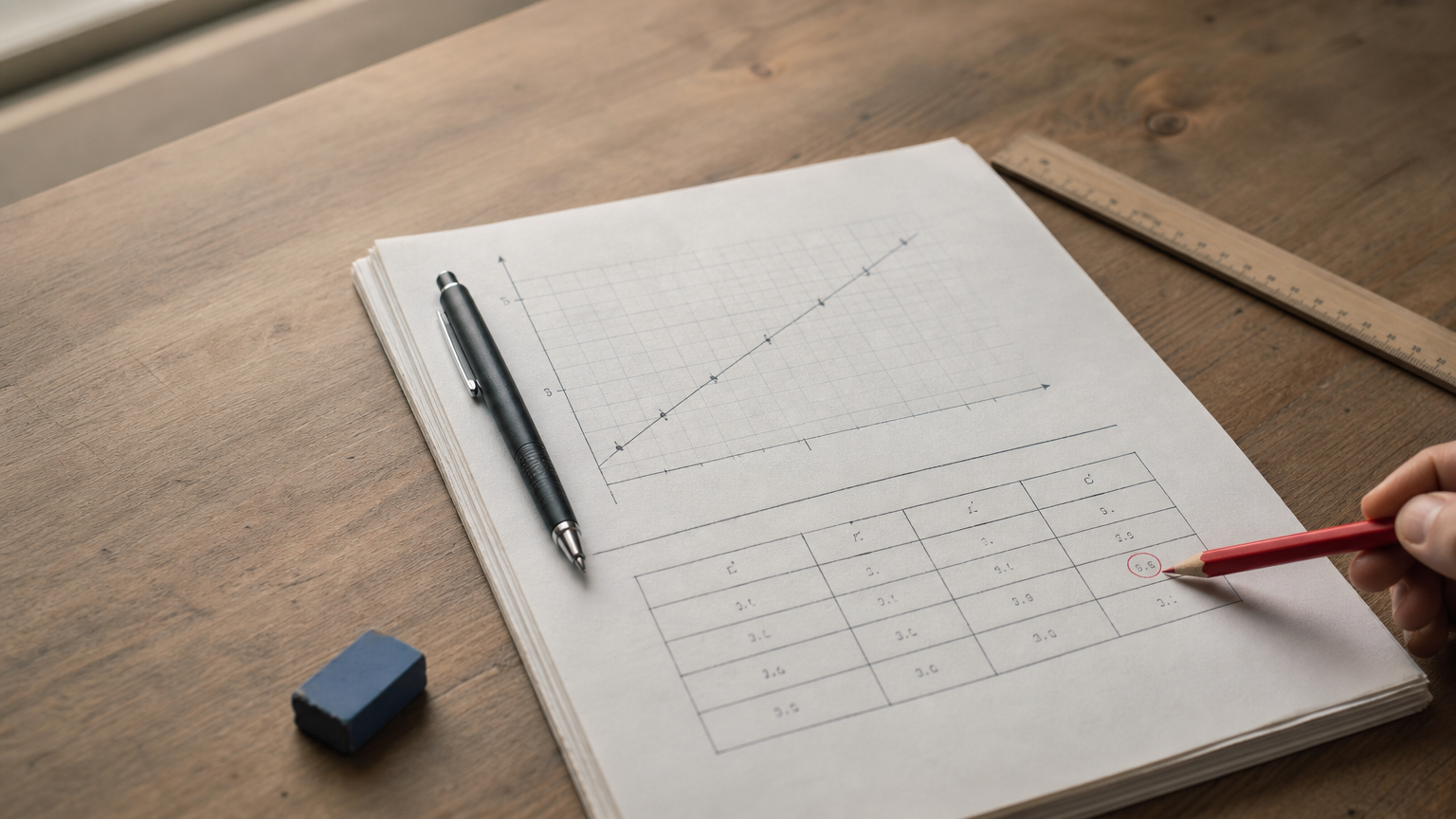 Printed lab report with a graph, pen, ruler, and red pencil marking a table value.