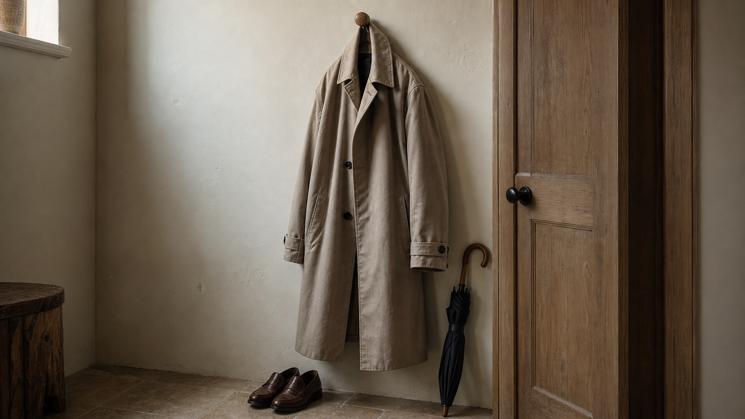 A trench coat on a hook by a door with an umbrella and loafers below.