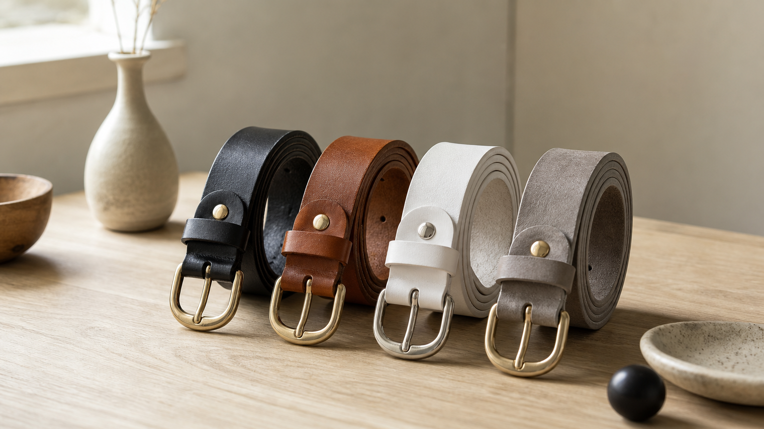 Quatre ceintures en cuir enroulées, noire, cognac, blanche et grise, avec boucles dorées ou argentées.