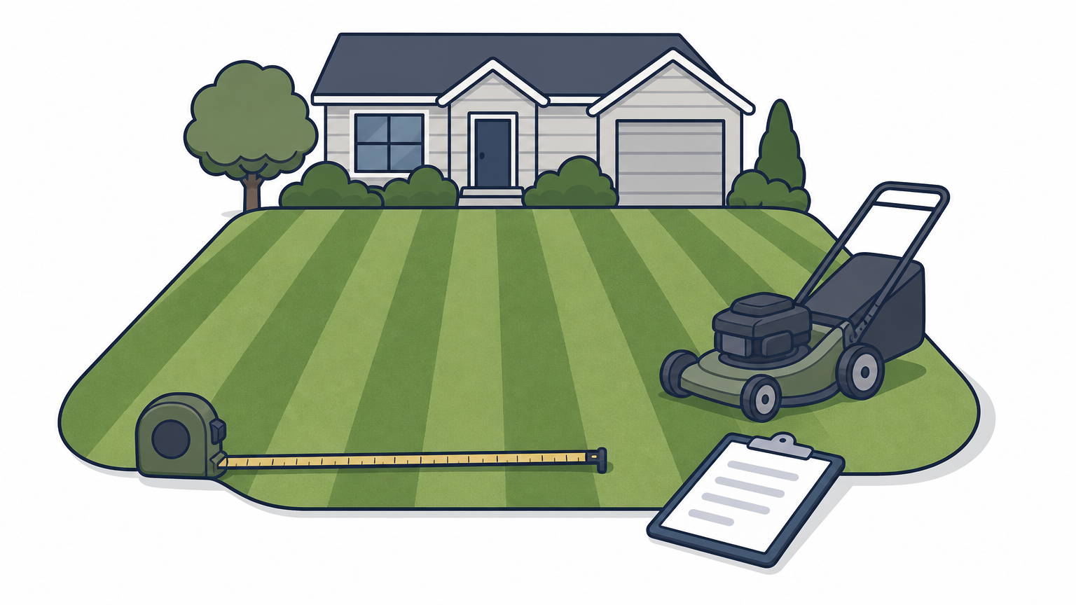 Freshly mowed lawn with a push mower, measuring tape, and clipboard on the grass.