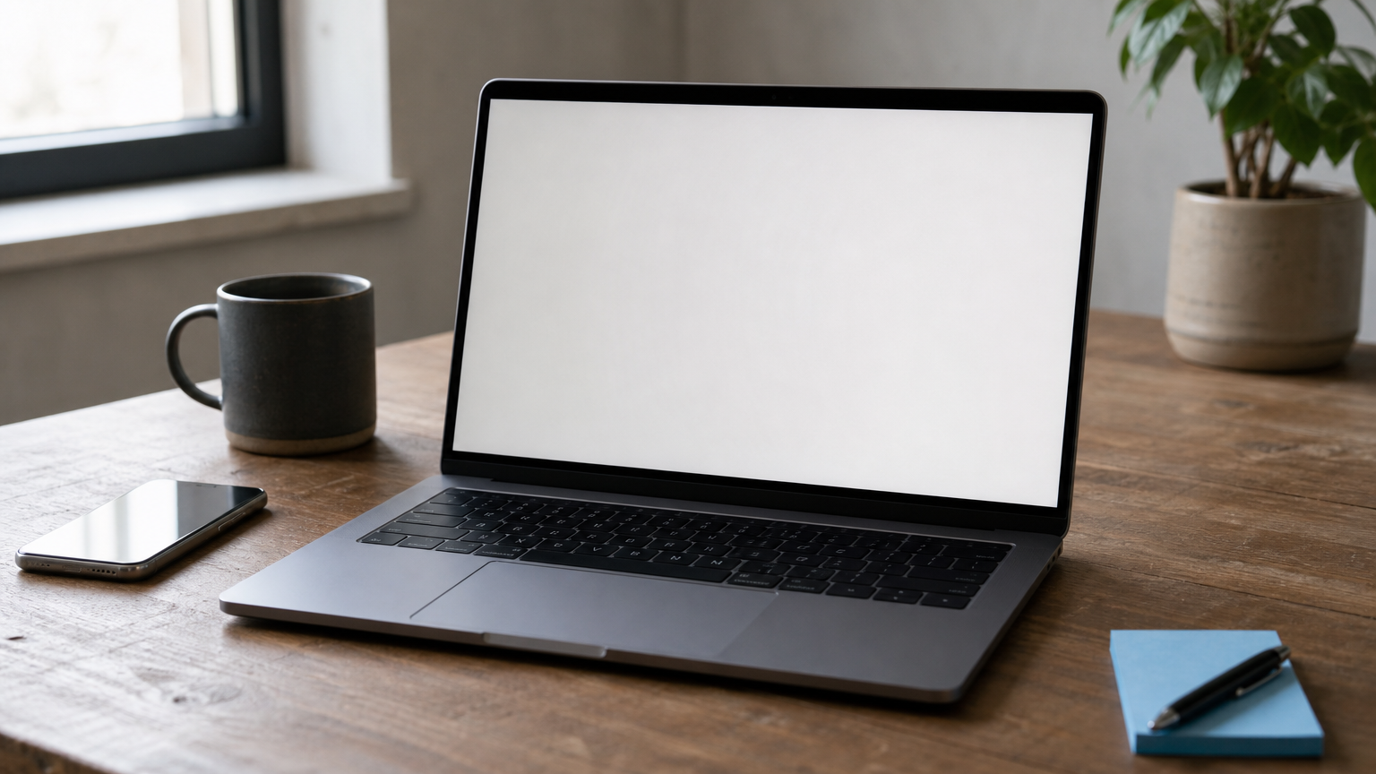 A laptop with a fake invoice page beside a phone, mug and handwritten timeline note.