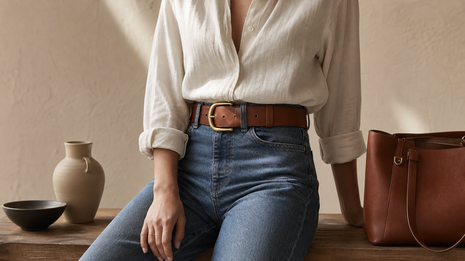 Large ceinture en cuir cognac à boucle dorée portée sur un jean taille haute.